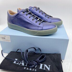 Lanvin Basket Basse Men’s Fashion Sneakers Blue Sheepskin Leather Lace Up US 10